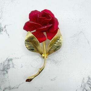 Vintage Cerrito Red Rose Brooch Gold Tone‎ Floral Pin 2.25"